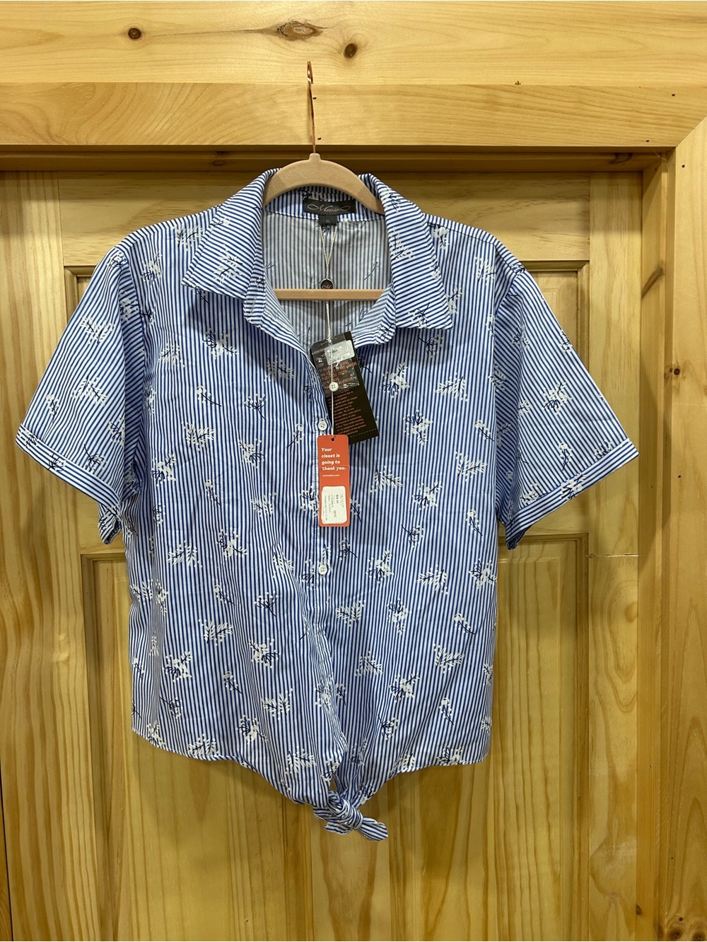 Metric Blue Stripe Floral Tie-Hem Short Sleeve Shirt